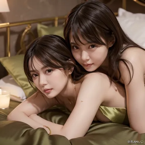 (nsfw:1.5)、(the beauty of two people making love in bed:1.5)、 (2women)、(a neat green silk dress, thigh: 1.1), ((highest quality,...