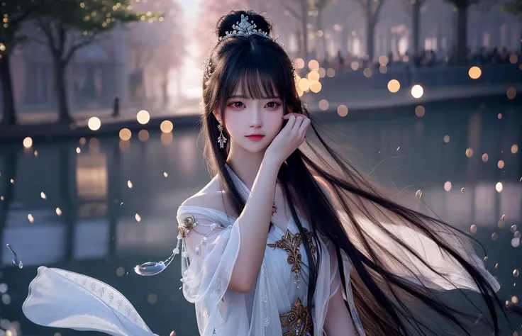 best quality,masterpiece,highres,cg,
1girl,weapon,sword,long hair,dress,water,solo,jewelry,white dress,earrings,hair ornament,splashing,upper body,hair bun,black hair,
lighting,candid,Photograph,high resolution,4k,8k,Bokeh,