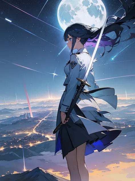 1 girl,Back view,Light gray uniform,skirt,Light blue sword,Mountain,city below,Night Sky,Moon on the top right,Shooting star in the center,A little far from the camera