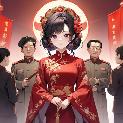 ((Highest quality)), ((masterpiece)), (detailed), （Perfect Face）、The woman is a Chinese woman named Kocho Shinobu, with black hair in a purple gradient bob with evening hair updos, and is wearing an engagement ring. She has become a member of the glorious ...