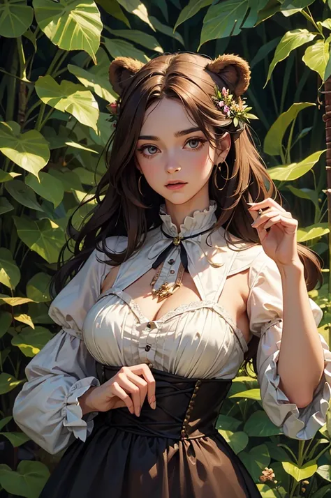 female bear mid transformation, solo, masterpiece, best art, victorian dress. detailed hands, detailed eyes, detailed torso, jungle, expression, transformation, human face, brown shaggy hair.
