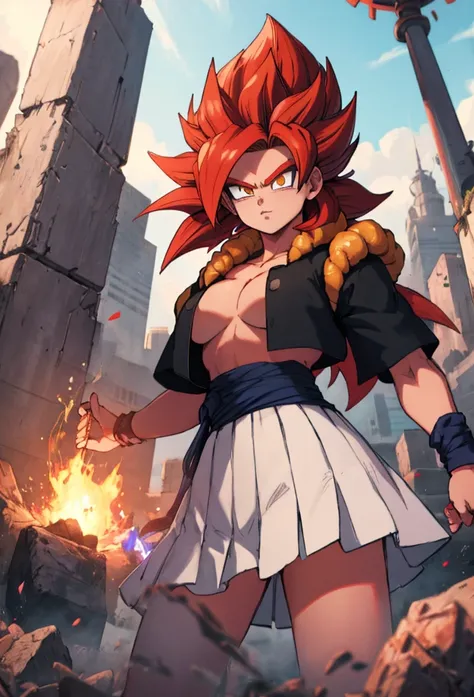 Super Saiyan woman, white skirt, standing alone, Red hair, ((medium breasts)) ((niplles))