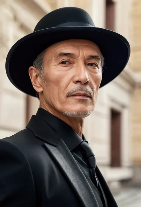 ethereal photo of an elegant man, black hat style, mature age, body,blurry building background