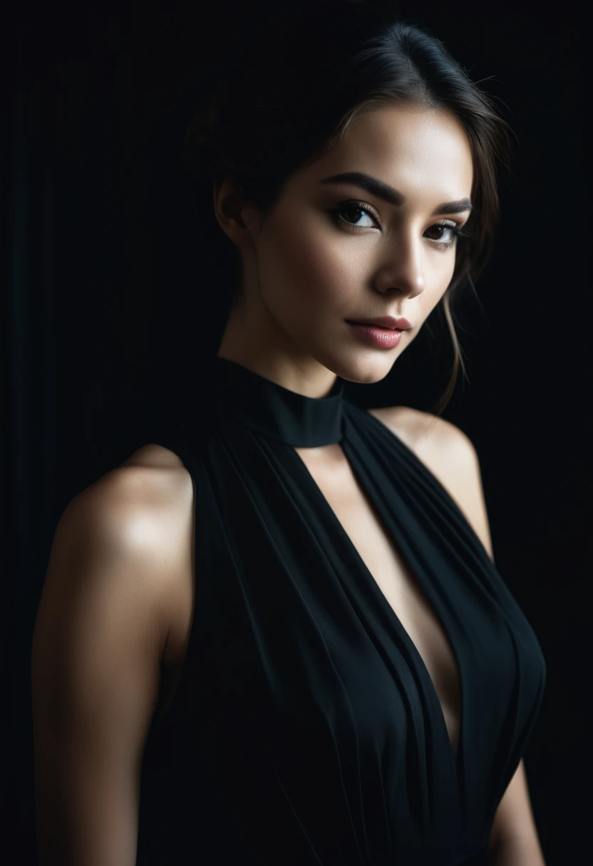 dark shot, film grain, A close up of a woman in a beautiful black dress and a black background, ultra clear, high quality