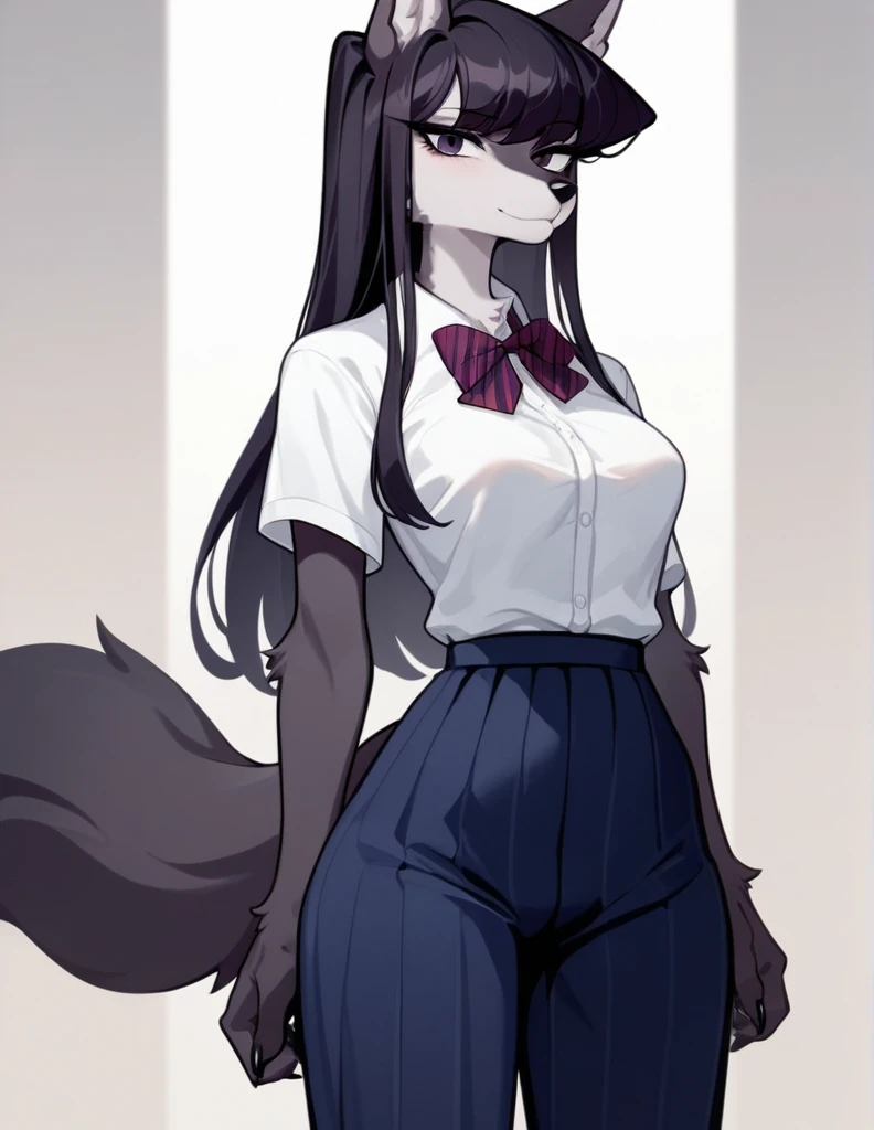 score_9,score_8_up,score_7_up, source_anime, source_furry, Anthro furry wolf girl, Komi Shouko, she is an Anthro furry black wolf, black furry body, wolf snout, black nose, tall and skinny, small breasts, wearing , at a Japanese school, 