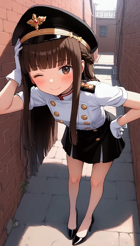 {Highest quality}, {Super beautiful},{Ultra fine},{Best illustration},Brown Hair,Hime cut,long hair,Braid,One woman,Standing Woman,Strike a pose,smile,smilingly,Smile,Wink,Uniform cap,White Shirt,Short sleeve,Long black skirt,White gloves,In the back alley...