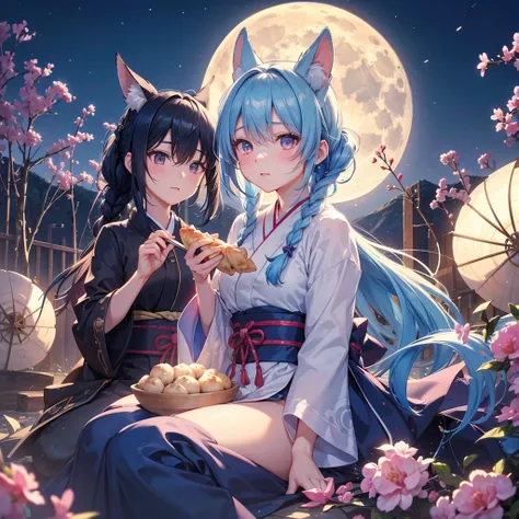 Sky blue hair, (Braided Ponytail), Pink eyes,Fair skin ,(whole body),(One Girl),Tsukimi,Dumpling,Japanese pampas grass,(beautiful, Full moon shining in the night sky),(masterpiece, Highest quality, Very detailed, Best Shadow), (Detailed Background), (Beaut...