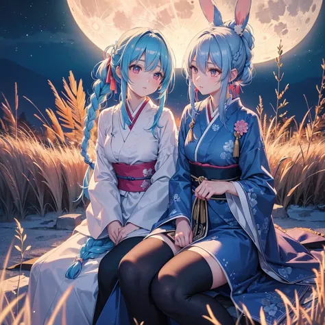 Sky blue hair, (Braided Ponytail), Pink eyes,Fair skin ,(whole body),(One Girl),Tsukimi,Dumpling,Japanese pampas grass,(beautiful, Full moon shining in the night sky),(masterpiece, Highest quality, Very detailed, Best Shadow), (Detailed Background), (Beaut...