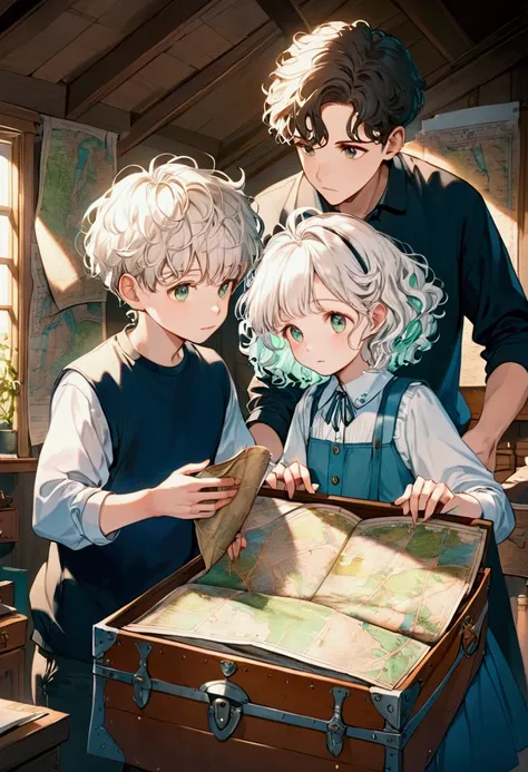 Aurora, a girl with white curly hair, and her brother Leo, a boy with short curly hair, found an old map in a trunk in the attic of their house.