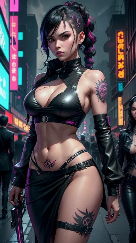 Artwork, plusieurs filles, gangster, Yakuza, they fight with sabers, tatouage sur tout le corps, dressed in black, woman super sexy, regard agressif, black hair tied, two sabers in the back, cyberpunk dark fantasy, epic, colorful neon, in a cyberpunk city,...