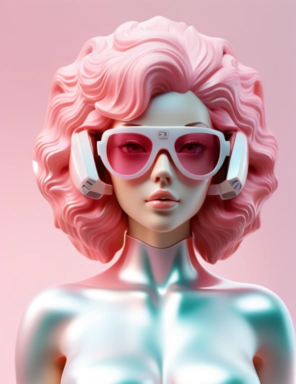 3D illustration of the whole body and face of an artificial intelligence model wearing futuristic glasses, Stylish sunglasses，Gradient Background, Pastel Color Palette, Pink White, Simplicity, Cold metal texture, Surrealism, Earrings, Perm, chest:2, Lion