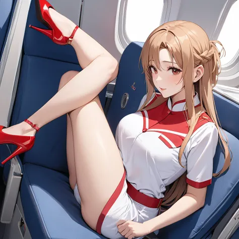 ((Highest quality)), ((masterpiece)), (detailed), （Perfect Face）、The woman is a Chinese woman with light brown, medium-long hair, named Yuuki Asuna, a flight attendant for Air China.、The woman is wearing a red Air China flight attendant uniform and red hee...