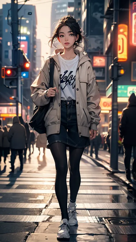 a young woman standing on the street, blur the background, comely, photorrealistic