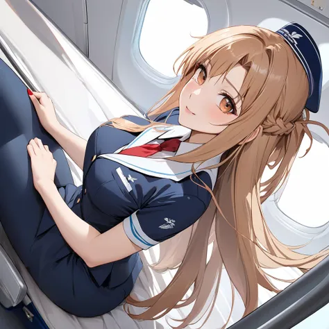 ((Highest quality)), ((masterpiece)), (detailed), （Perfect Face）、The woman is Yuuki Asuna, a flight attendant for Shandong Airlines, a Chinese woman with light brown, medium-long hair.、The woman is wearing a red Shandong Airlines flight attendant uniform, ...