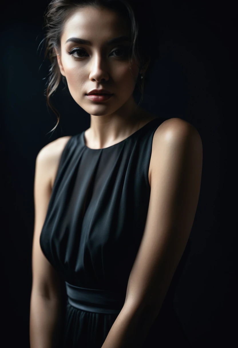 dark shot, film grain, A close up of a woman in a beautiful black dress and a black background, ultra clear, high quality