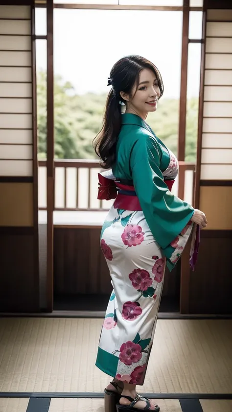 Mature attractive sexy woman,50 years old, ((kimono)),((green))、(((kimono))),Shut,((Big Breasts:1.1)),(Facial wrinkles:1.3),light makeup,Light brown hair,Long Hair,(Full body photo:0.85),(Emphasize big buttocks),8k, RAW Photos, Highest quality, Laughter,ma...