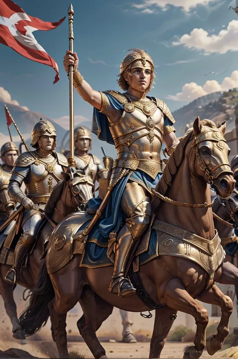 alexander the great in council of war, along with his generals, riding into battle