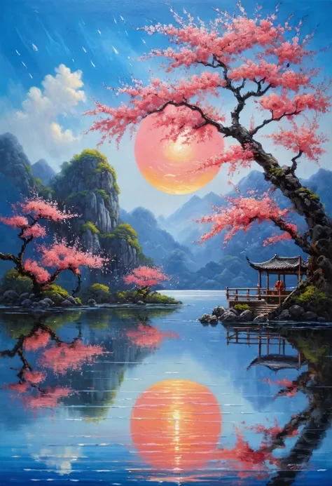 horizon ,Peach Blossom Rain, Fire painting,Clear blue lake，Pink Coral,Ultra-wide viewing angle,Highest quality,Official Art