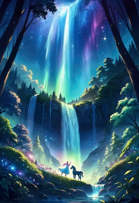 Upon entering the forest, Aurora and Leo discovered mystical creatures, such as unicorns and fairies, hidden in the foliage. Night fell, and an enchanting starry sky appeared, with a brilliant waterfall that seemed to merge with the stars.