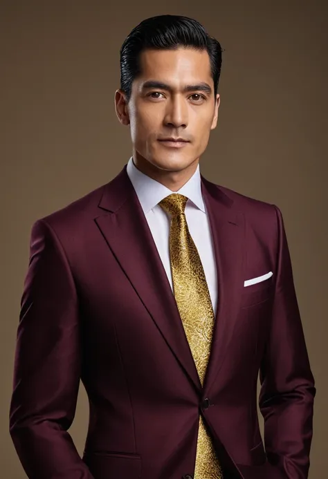 Generates a professional 8k UHD photograph of a man dressed in an elegant burgundy suit, black shirt, and bright gold tie.