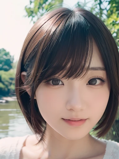 (masterpiece:1.3), (8k, Realistic, RAW Photos, Highest quality: 1.4)、White interior、Natural light、16 years old、On the river bank in summer、smile、Woman with medium short hair、Japanese Idols、Round face、Yoshitomo Nara, Ayaka, Japanese facial features, Mott Ha...