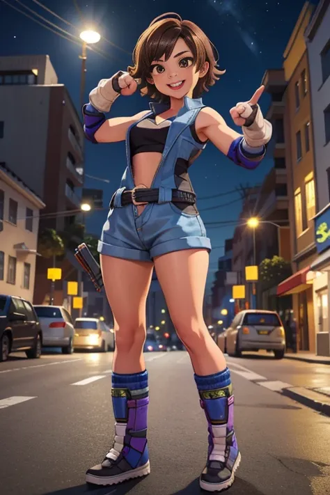 street dancer,  short hair, brown hair, yellow glowing eyes, perfect lips,big smile , confident smile,cute expression, cute face,victory pose, dinamic pose, fingerless gloves, gun, tank top, jacket, cute pose, ultra detailed face, long eyelashes, sharp eye...