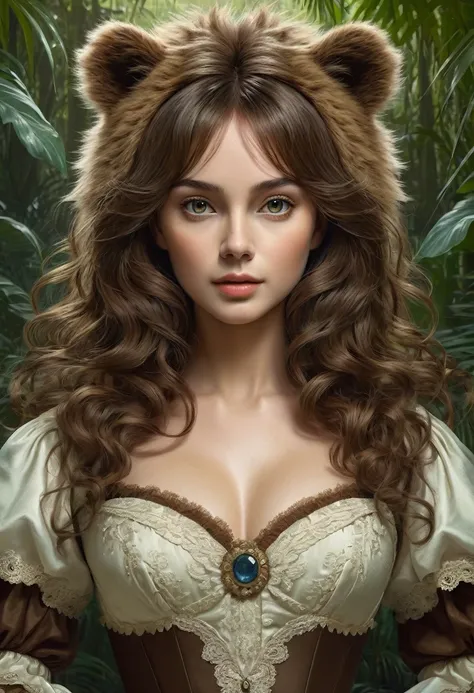 female bear mid transformation, solo, masterpiece, best art, victorian dress. detailed hands, detailed eyes, detailed torso, jungle, expression, transformation, human face, brown shaggy hair.
