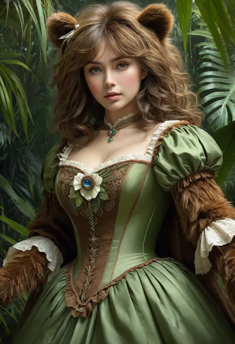 female bear mid transformation, solo, masterpiece, best art, victorian dress. detailed hands, detailed eyes, detailed torso, jungle, expression, transformation, human face, brown shaggy hair.
