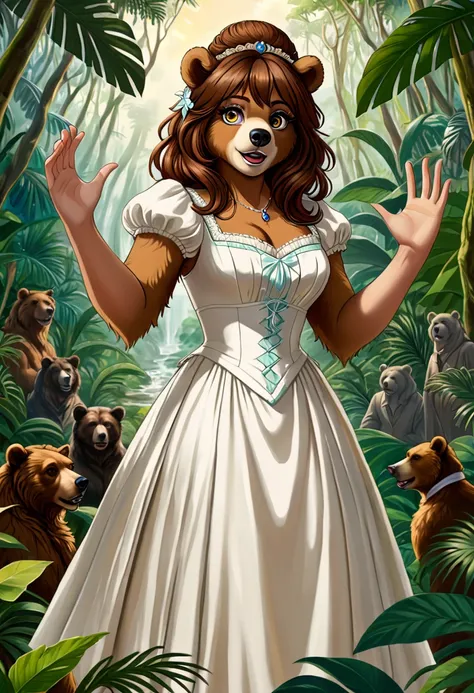 female bear mid transformation, solo, masterpiece, best art, victorian dress. detailed hands, detailed eyes, detailed torso, jungle, expression, transformation, human face, brown shaggy hair.
