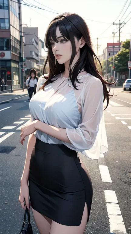 anime、Tokyo Tower shining in the morning glow、Early morning street、One Woman、Long Hair、See-through blouse、Tight Skirt、Hair fluttering in the wind、