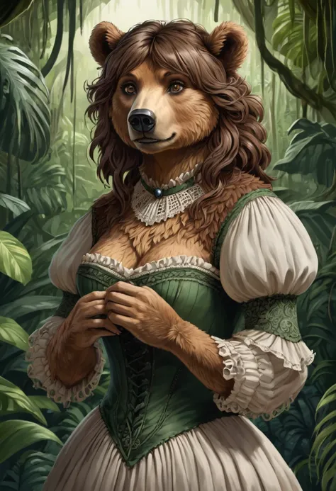 female bear mid transformation, solo, masterpiece, best art, victorian dress. detailed hands, detailed eyes, detailed torso, jungle, expression, transformation, human face, brown shaggy hair.
