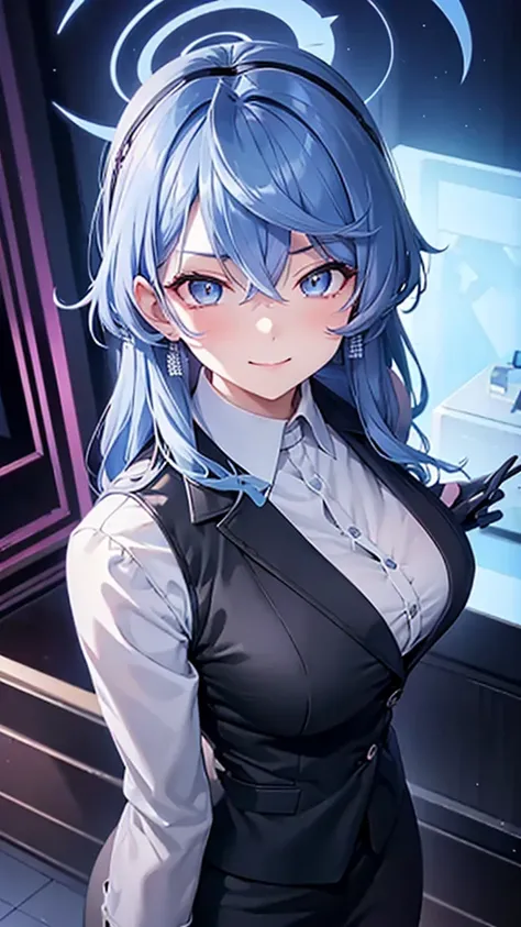 night、ako、light blue hair、big breasts、adult、black background、evil background、hotel bedroom、sensual pink light、open business suit...