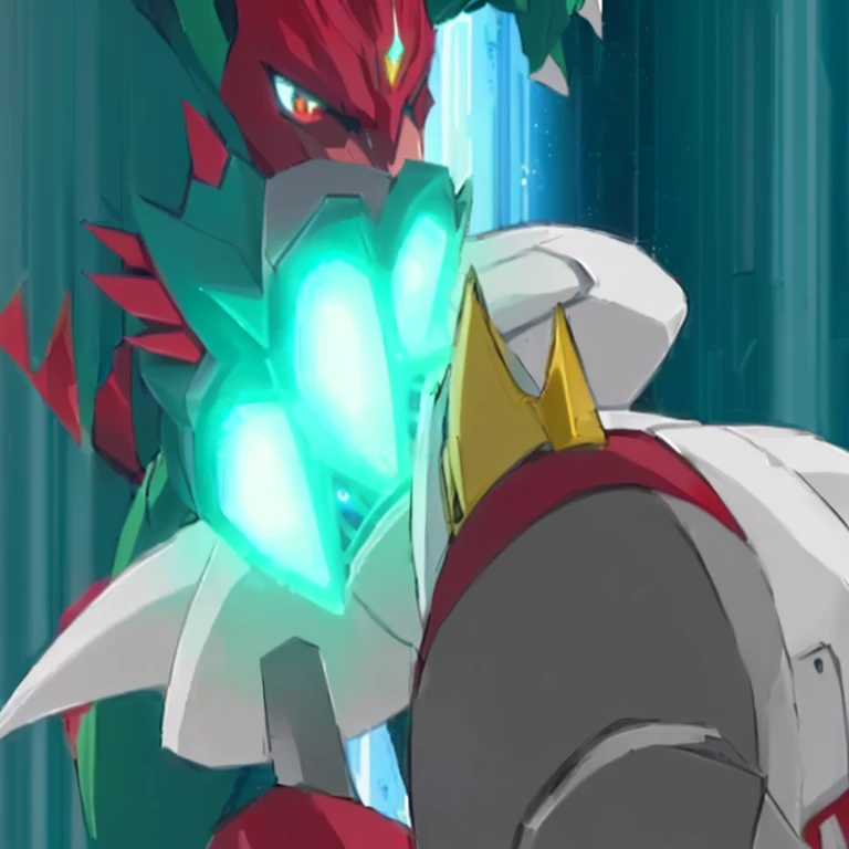 anime character with glowing green eyes and a red head, gurren lagan, safebooru anime image, gelbooru anime image, robot dragon claws, gurenn lagann, do you know de wae, octorok, intense fighting, gurren lagann, intense battle, sharp robot dragon claws, me...