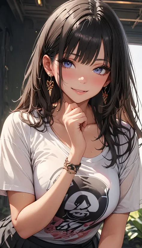 (Highest quality、masterpiece、High resolution、detailed), (Realistic skin texture:1.3), (detailedな目、Beautiful Face), 1 female, Black Hair, Blue Eyes, Delicate face, cute, Love Earrings, She is wearing a low-neck short-sleeved T-shirt and a black bra,  Playfu...