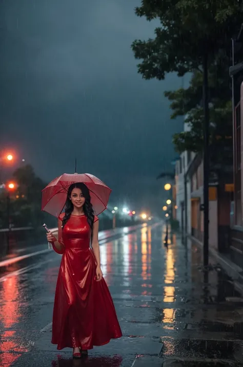 arafed woman in a red dress standing in the rain, pretty girl standing in the rain, raining portrait, at evening during rain, late night raining, raining at night, it is night and raining, scintillating, raining award winning photo, red and cinematic light...