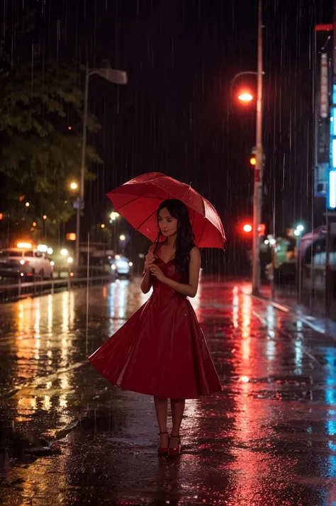 arafed woman in a red dress standing in the rain, pretty girl standing in the rain, raining portrait, at evening during rain, late night raining, raining at night, it is night and raining, scintillating, raining award winning photo, red and cinematic light...