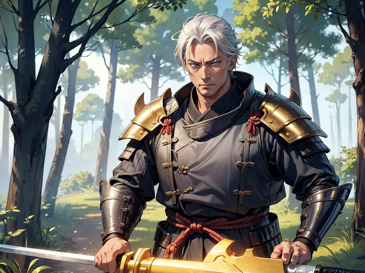 A robust samurai, with heavy golden armor. His gray hair is short and his blue eyes express determination and compassion.. at the forest.