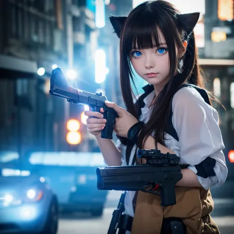 blue eyes, Background blur, gun, anime, One kitten, 