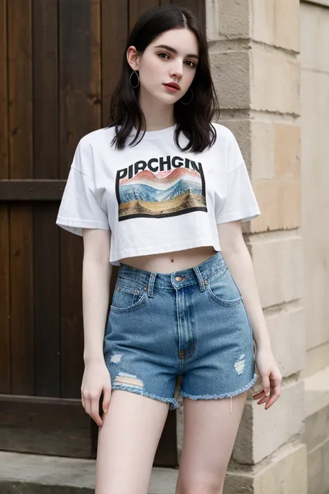 ((best quality)), ((masterpiece)), (detailed), 1girl, pale skin, black hair, dark brown eyes, freckles, cropped T-shirt, ripped jeans, fishnets. 