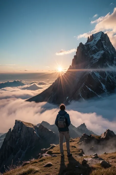 The boy is standing on the top of the mountain. His clothes are blown by the wind. His back is facing the camera. The camera is looking up. The sun is rising among the mountains and shining on him., anime style, chiaroscuro, ray tracing, from below, from b...