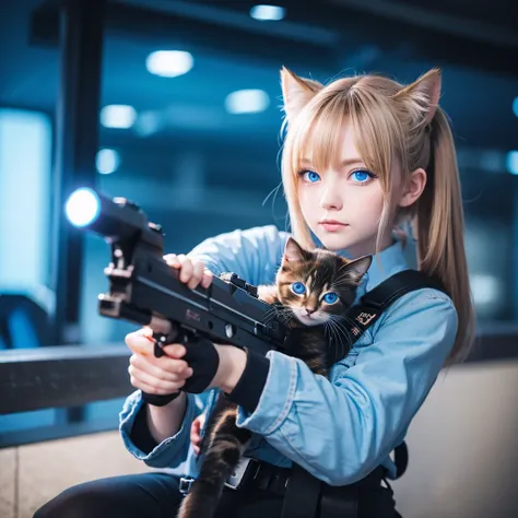 blue eyes, Background blur, gun, anime, One kitten, animal,icon,