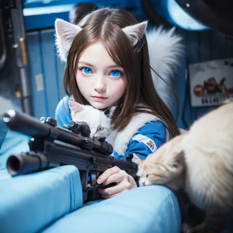 blue eyes, Background blur, gun, anime, One kitten, animal,icon,