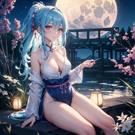 Sky blue hair, (Braided Ponytail), Pink eyes,Fair skin ,(whole body),(One Girl),Tsukimi,(White sweet dumplings ),Japanese pampas grass,(beautiful, Full moon shining in the night sky),(masterpiece, Highest quality, Very detailed, Best Shadow), (Detailed Bac...