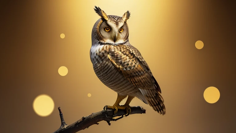 golden owl. Beautiful on a golden background with several gold coins