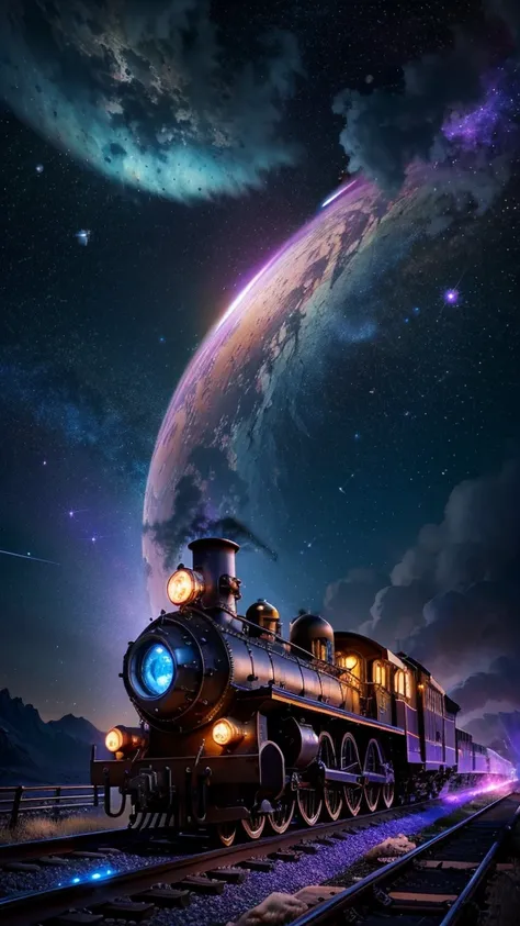 a steampunk mechanical locomotive floating in space, sleek futuristic design, glowing engines, large circular porthole windows, surrounded by swirling nebulae, glowing purple and blue cosmic clouds, sparkling stars, cinematic lighting, highly detailed, 8k,...