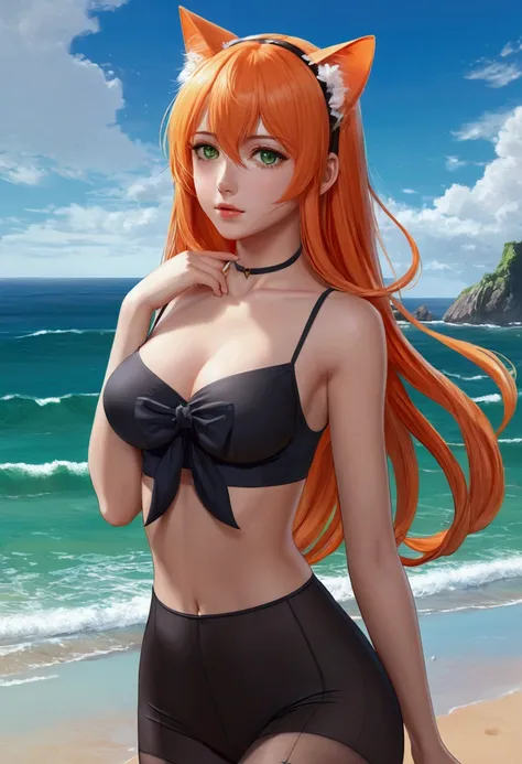 anime girl with long orange hair standing on beach near ocean, green eyes detailed digital anime art, cat ears, , anime girl with long hair, smooth anime cg art, anime girl with long hair, average breast size, digital anime art, artwork in the style of guw...