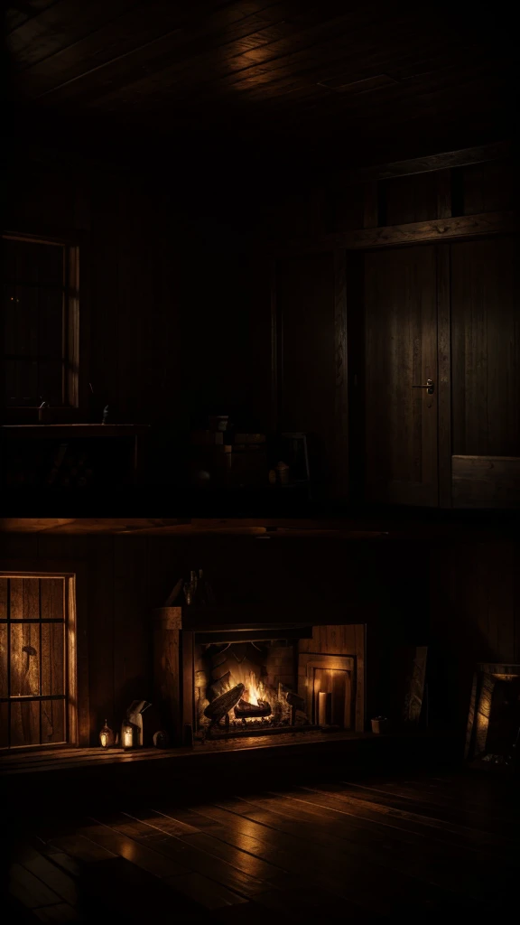 a fantasy wood cabin interior,  dark moody atmosphere, highly detailed, cinematic lighting, dramatic shadows, photorealistic, intricate wood textures, roaring fireplace,mysterious and atmospheric