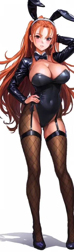 Jessica, who has big breasts and beautiful legs, is standing in a black high-cut bunny suit and fishnet stockings.。