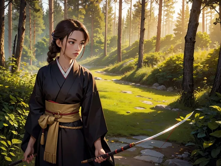 A young samurai, wearing a dark kimono. Carry a bow and arrow on your back, and her light brown hair is tied in a braid. at the forest.