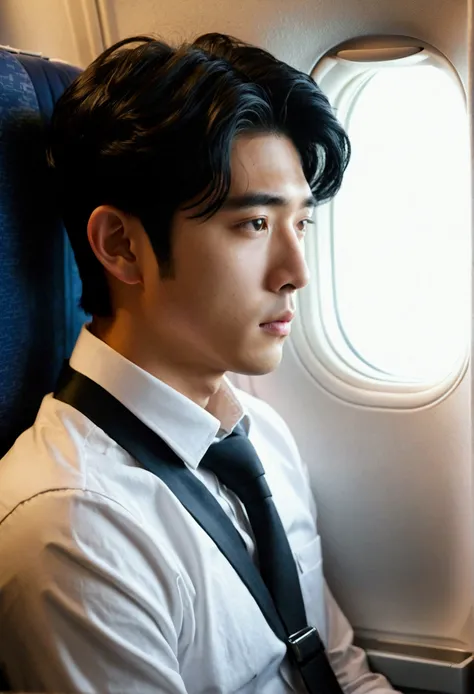 Korean black hair handsome boy, Melancholy look while sitting in an airplane seat looking out the window, cold and reserved look